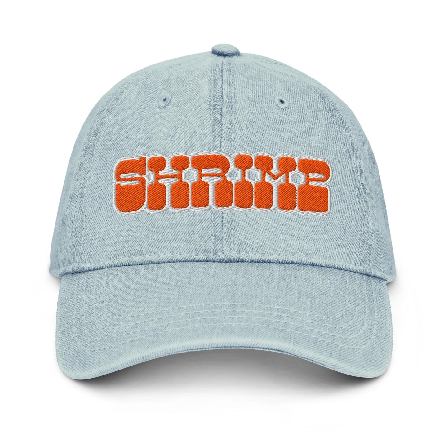 Shrimp Denim Hat – Groovy Bubble Letter Embroidered Cap in Light, Dark, or Black Denim