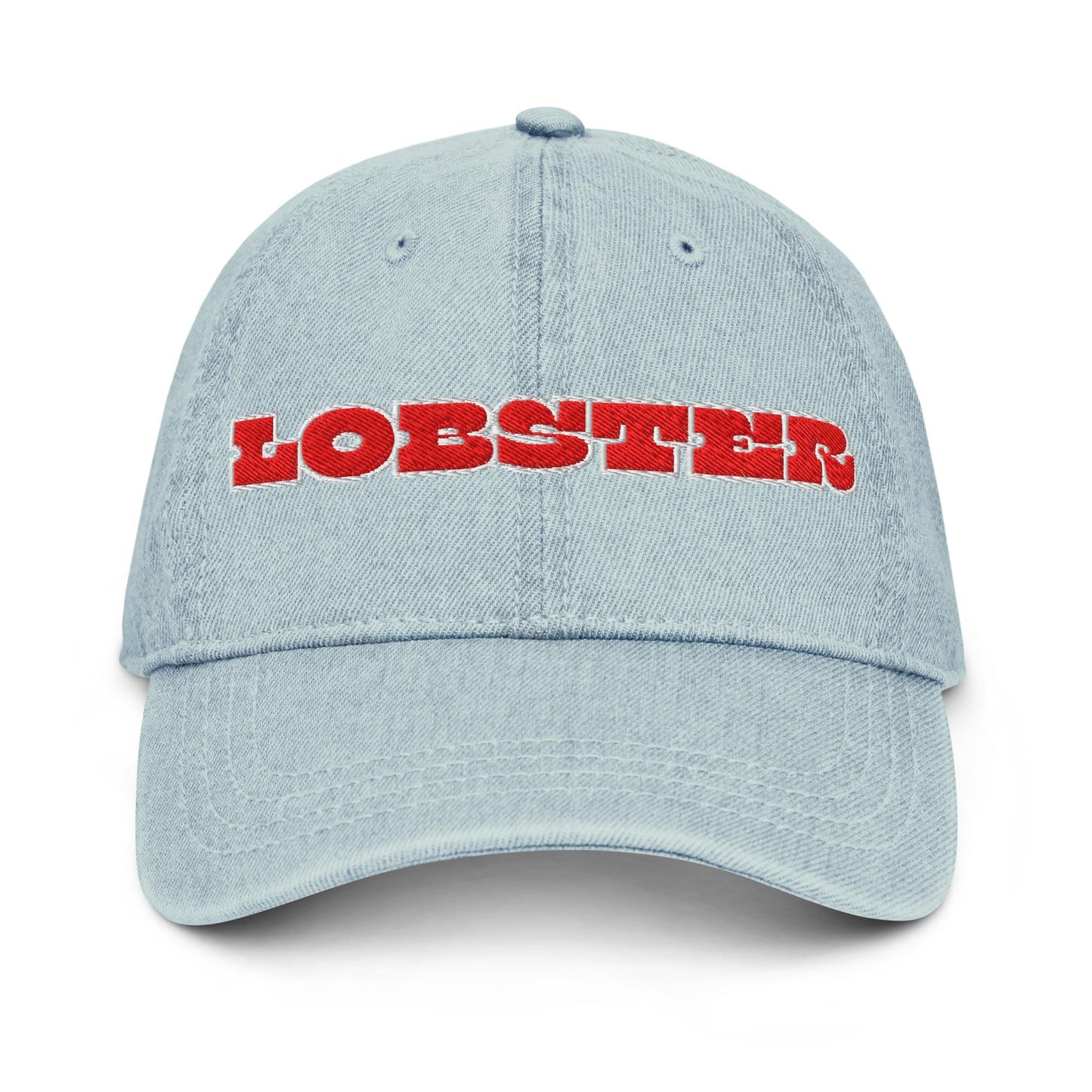 Lobster Denim Hat – Groovy Bubble Letter Embroidered Otto Cap in Light, Dark, or Black Denim