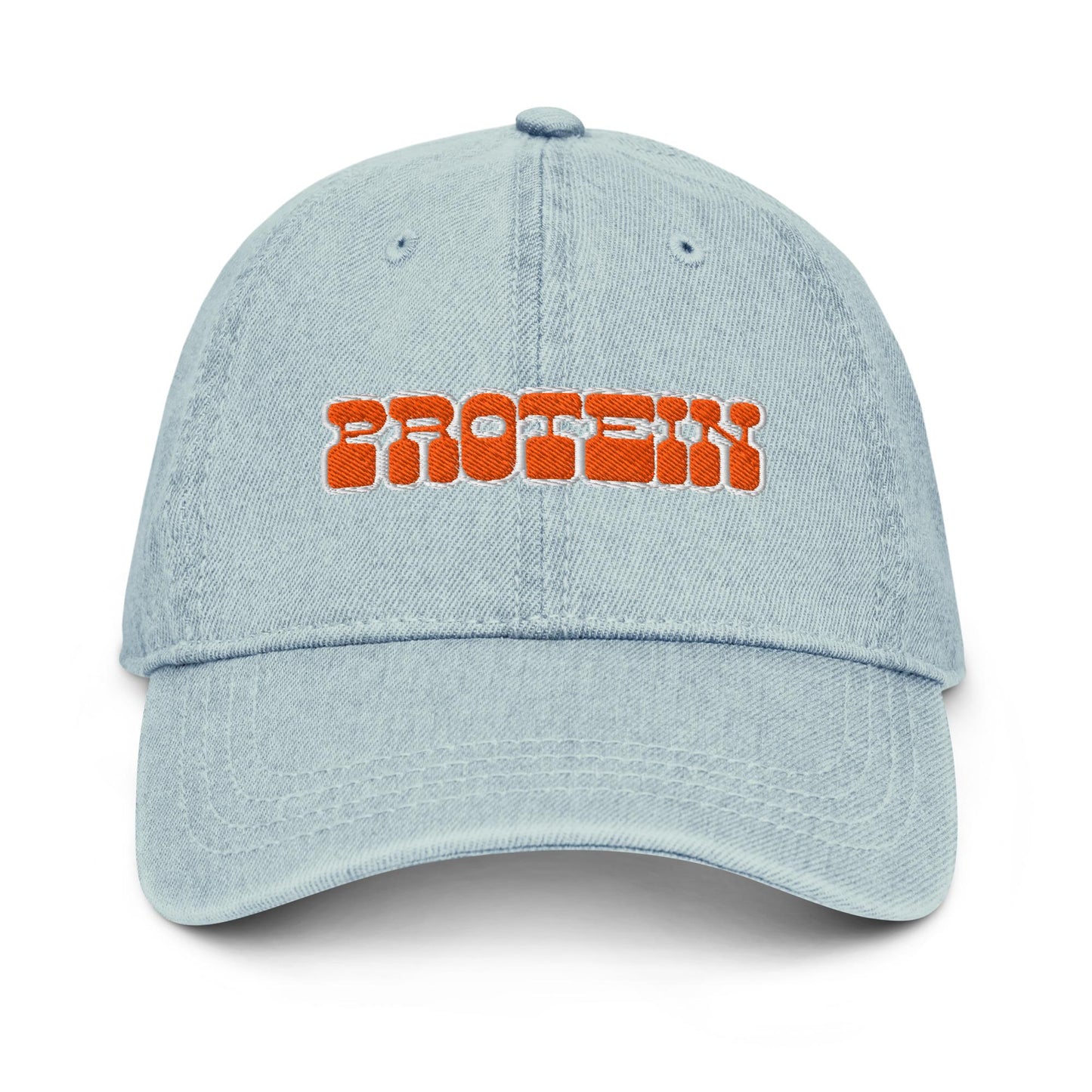 Protein Denim Hat – Groovy Bubble Letter Embroidered Cap in Light, Blue, or Black Denim
