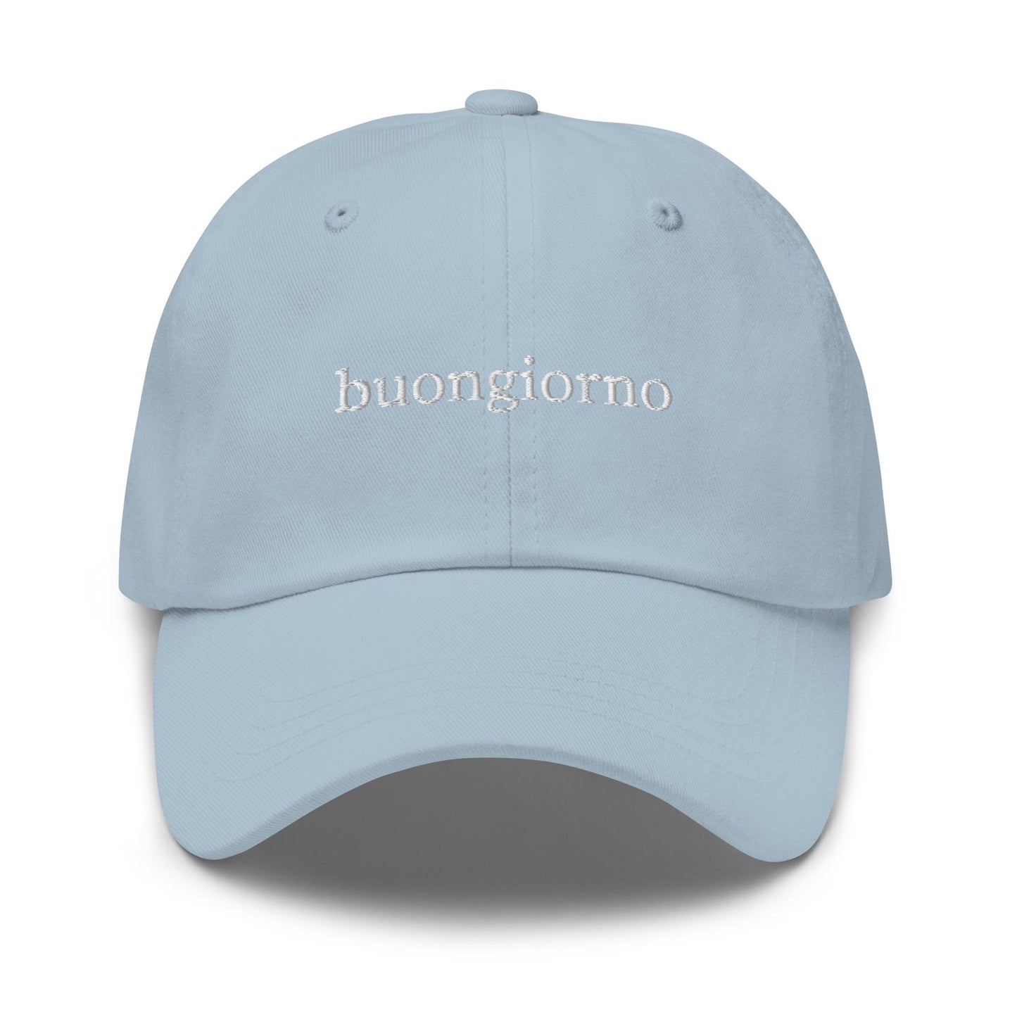 Buongiorno Dad Hat – Embroidered Serif Font Cotton Cap in Black, White, or Neutral Tones