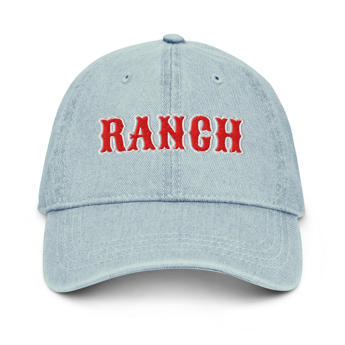 Ranch Denim Hat – Groovy Bubble Font Embroidered Otto Cap in Light, Blue, or Black Denim