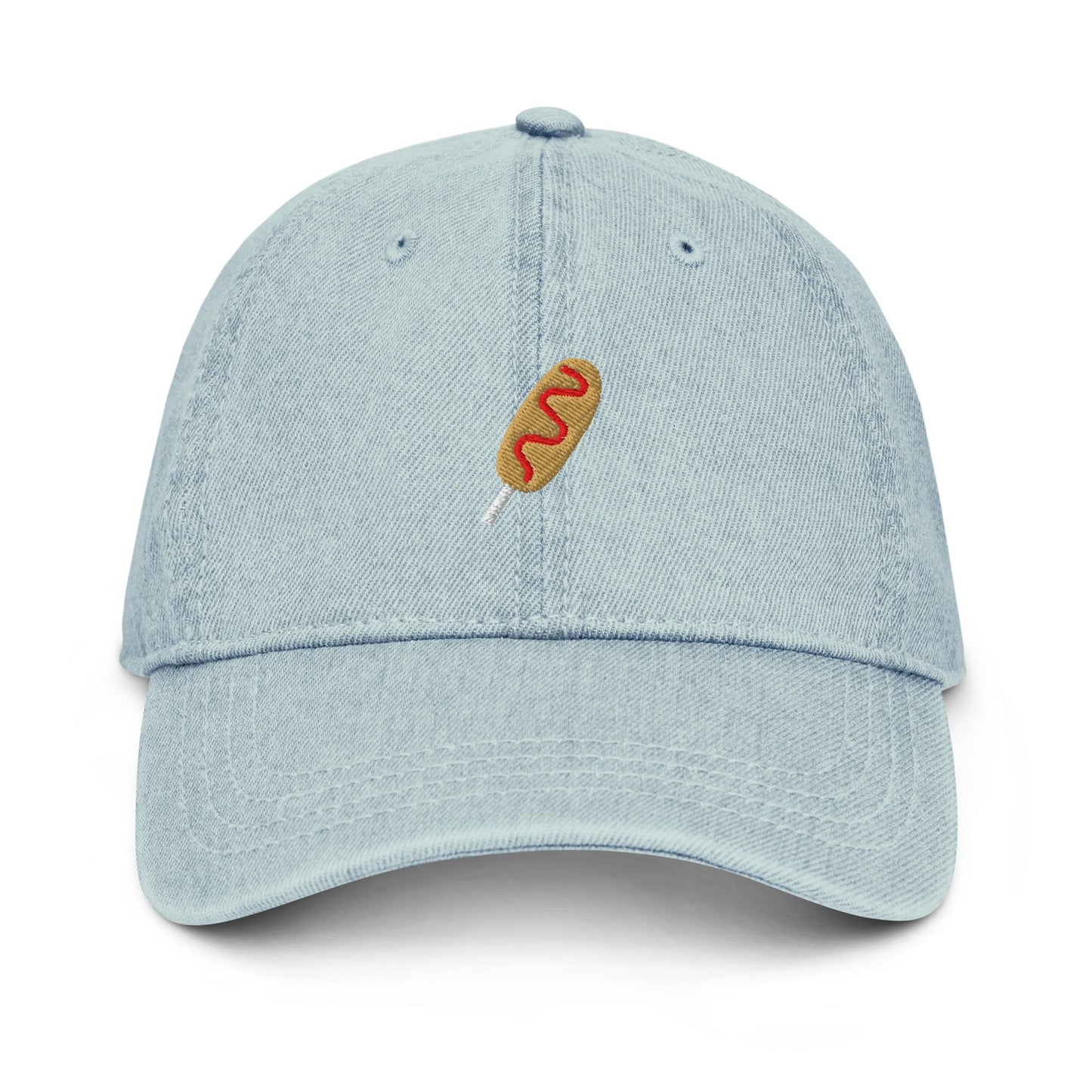 Corndog Embroidered Denim Hat – Minimal Food Icon Dad Cap, Funny Fair Snack Aesthetic Hat
