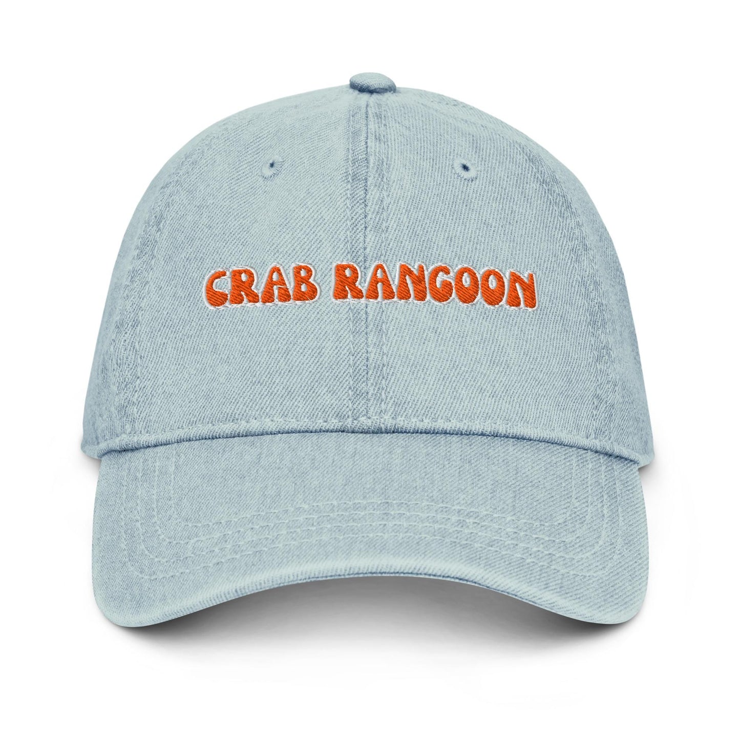 Crab Rangoon Denim Hat – Groovy Bubble Font Embroidered Otto Cap in Light, Blue, or Black Denim