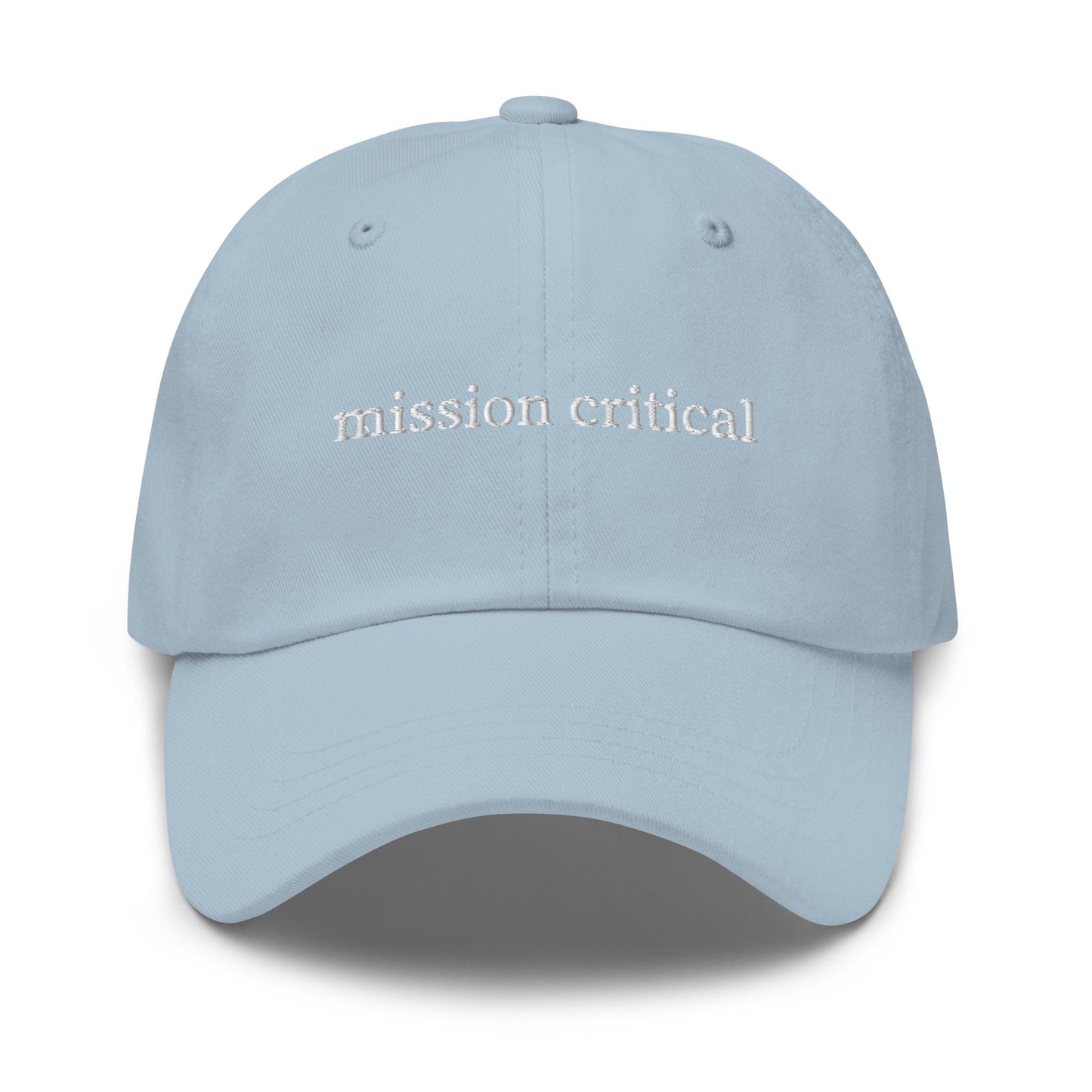 Mission Critical Dad Hat – Embroidered Corporate Phrase in Retro Serif Font