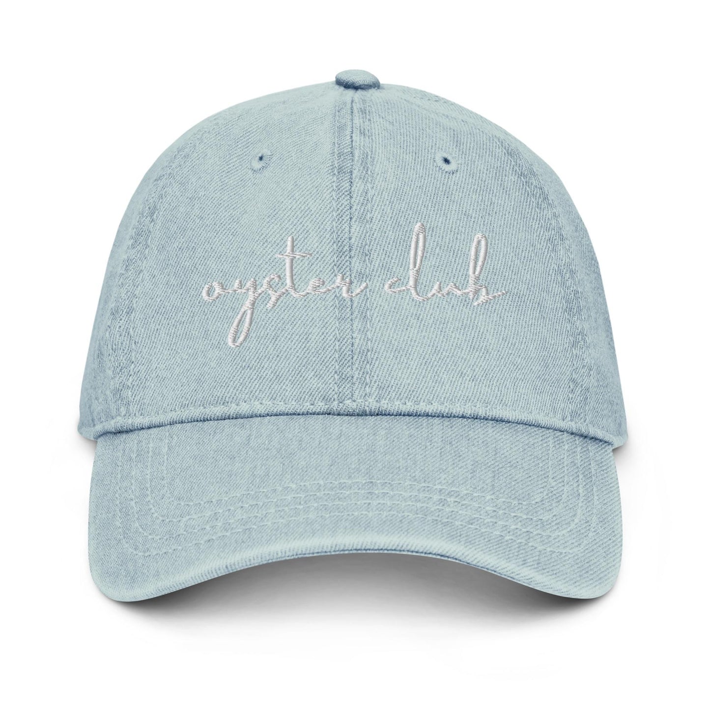 Oyster Club Denim Hat – Cursive Embroidered Dad Hat for Chic Coastal Girls and Foodies