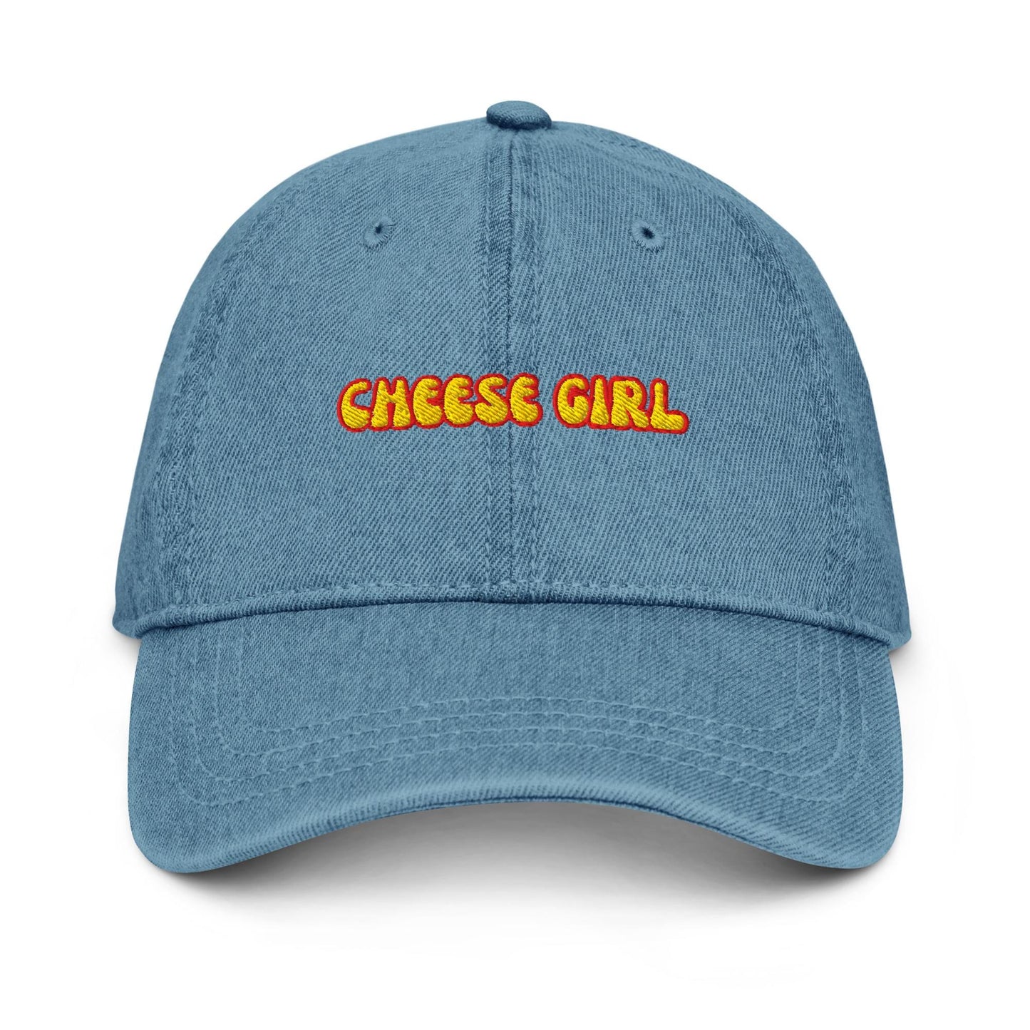 Cheese Girl Denim Hat – Embroidered Bubble Font Cap for Foodie Summer and Dairy Devotees
