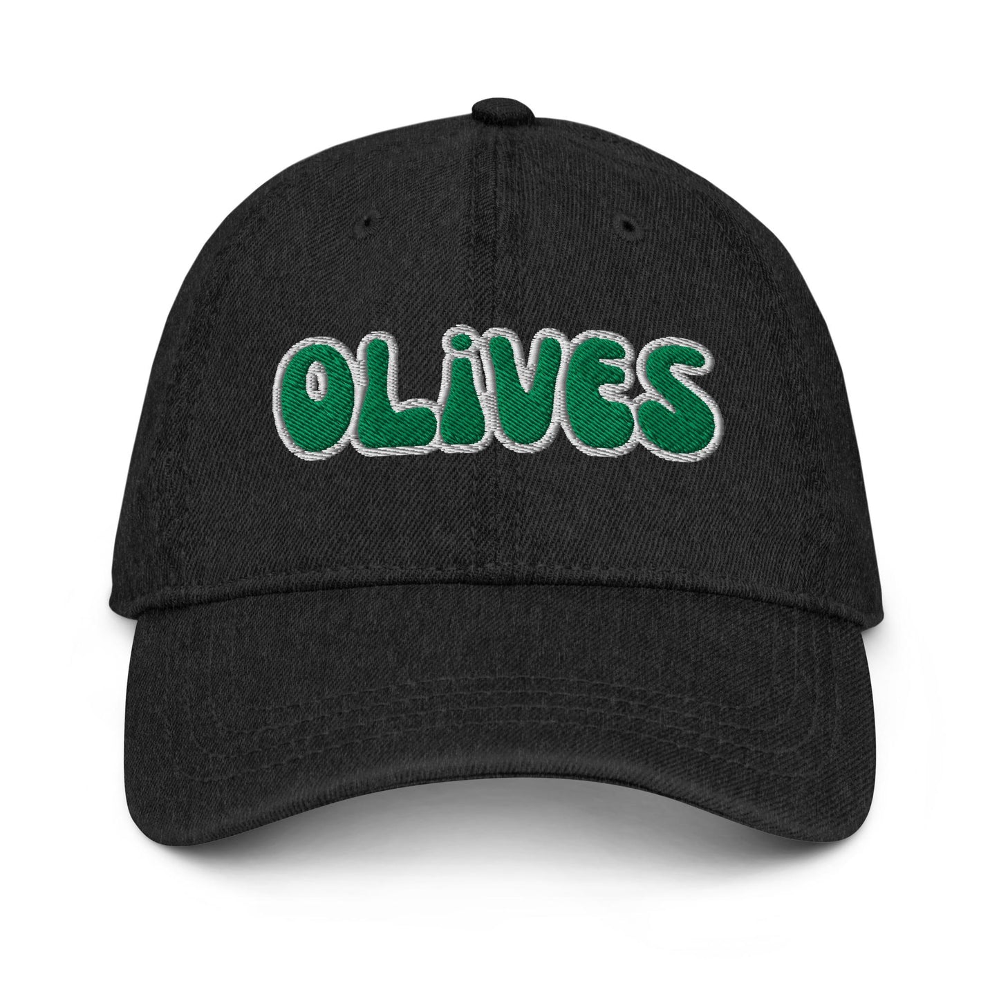 Olives Denim Hat – Groovy Bubble Font Embroidered Cap in Light, Blue, or Black Denim