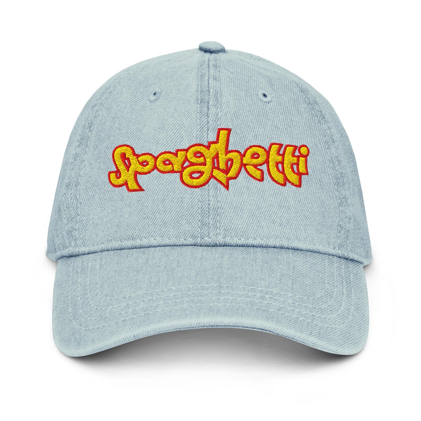 Spaghetti Denim Hat – Groovy Embroidered Bubble Font Otto Cap in Light, Blue, or Black Denim