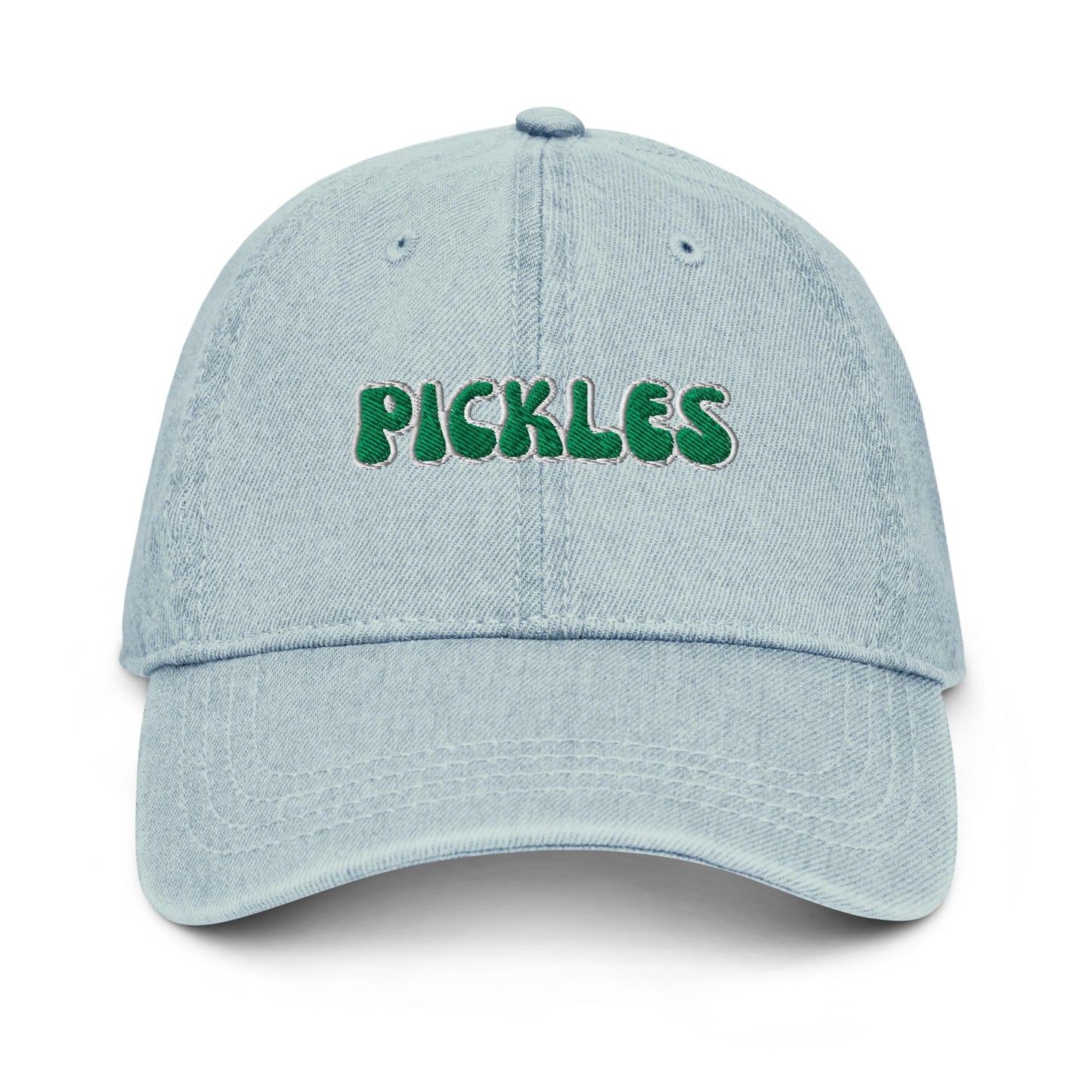 Pickles Denim Hat – Groovy Bubble Font Embroidered Otto Cap in Light, Blue, or Black Denim