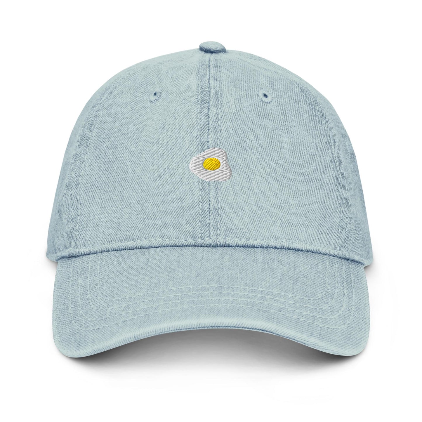 Fried Egg Denim Hat – Groovy Retro Embroidered Otto Cap in Light, Blue, or Black Denim