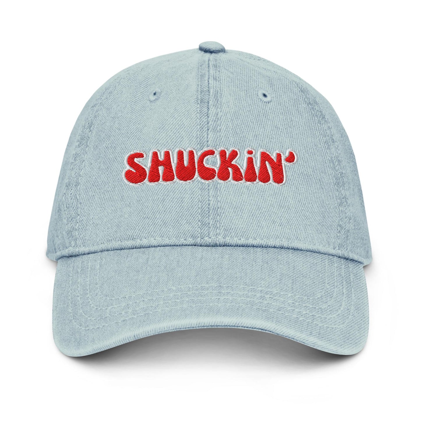 Shuckin’ Denim Hat – Embroidered Bubble Font Otto Cap in Light, Blue, or Black Denim