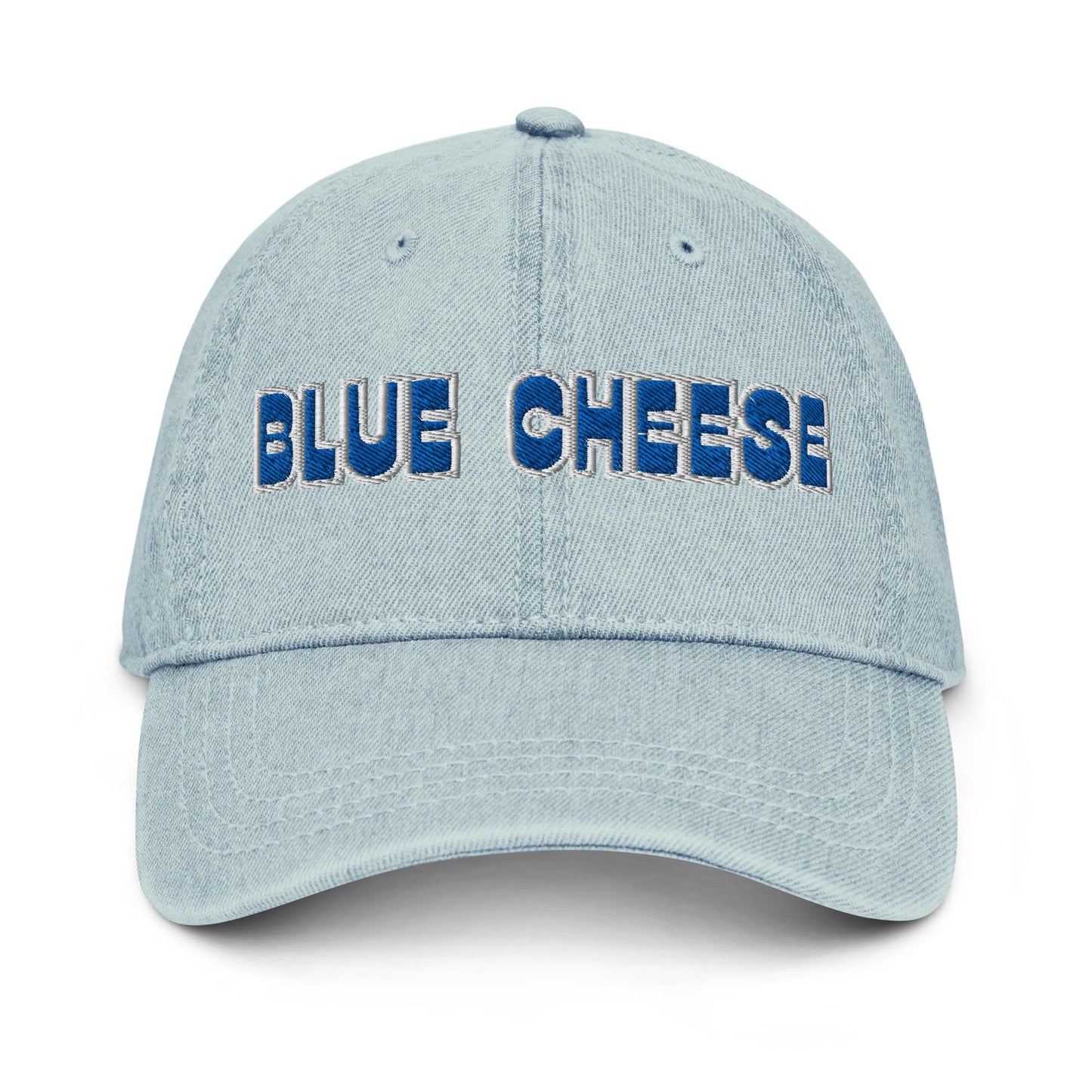 Blue Cheese Denim Hat – Groovy Bubble Font Embroidered Otto Cap in Light, Blue, or Black Denim