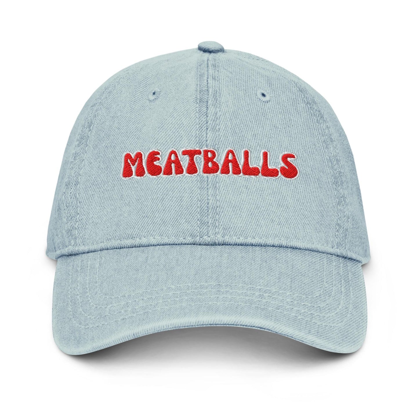 Meatball Denim Hat – Bold Bubble Letter Embroidered Cap in Light, Blue, or Black Denim