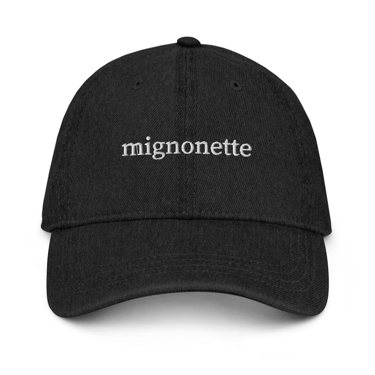 mignonette Denim Hat – Embroidered Lowercase Serif Oyster Garnish Aesthetic Cap