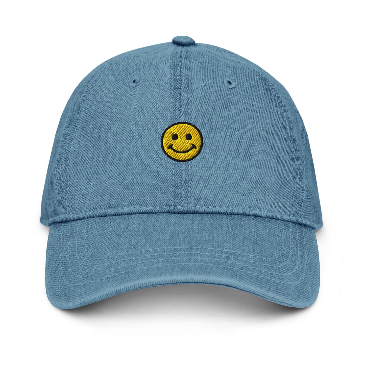 Smiley Face Denim Hat – Embroidered Denim Dad Hat, Minimalist Happy Face Cap, Custom Thread Colors