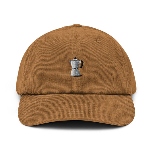 Espresso Corduroy Dad Hat - Stove Top Moca Pot - Gift for Coffee Lovers - Handmade Embroidered Cap