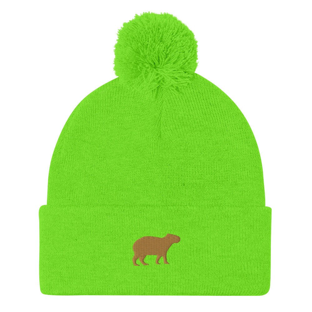 Capybara Beanie - Embroidered Pom-Pom Knit Cap