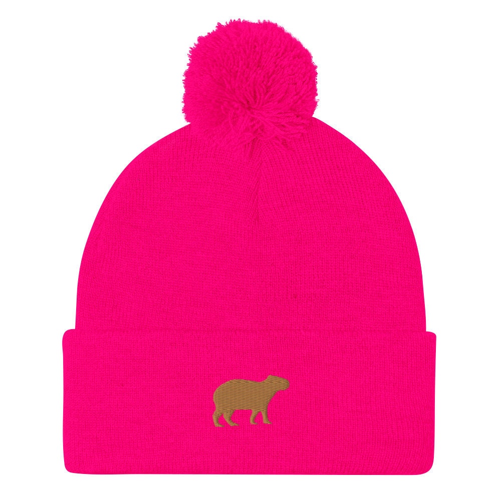 Capybara Beanie - Embroidered Pom-Pom Knit Cap