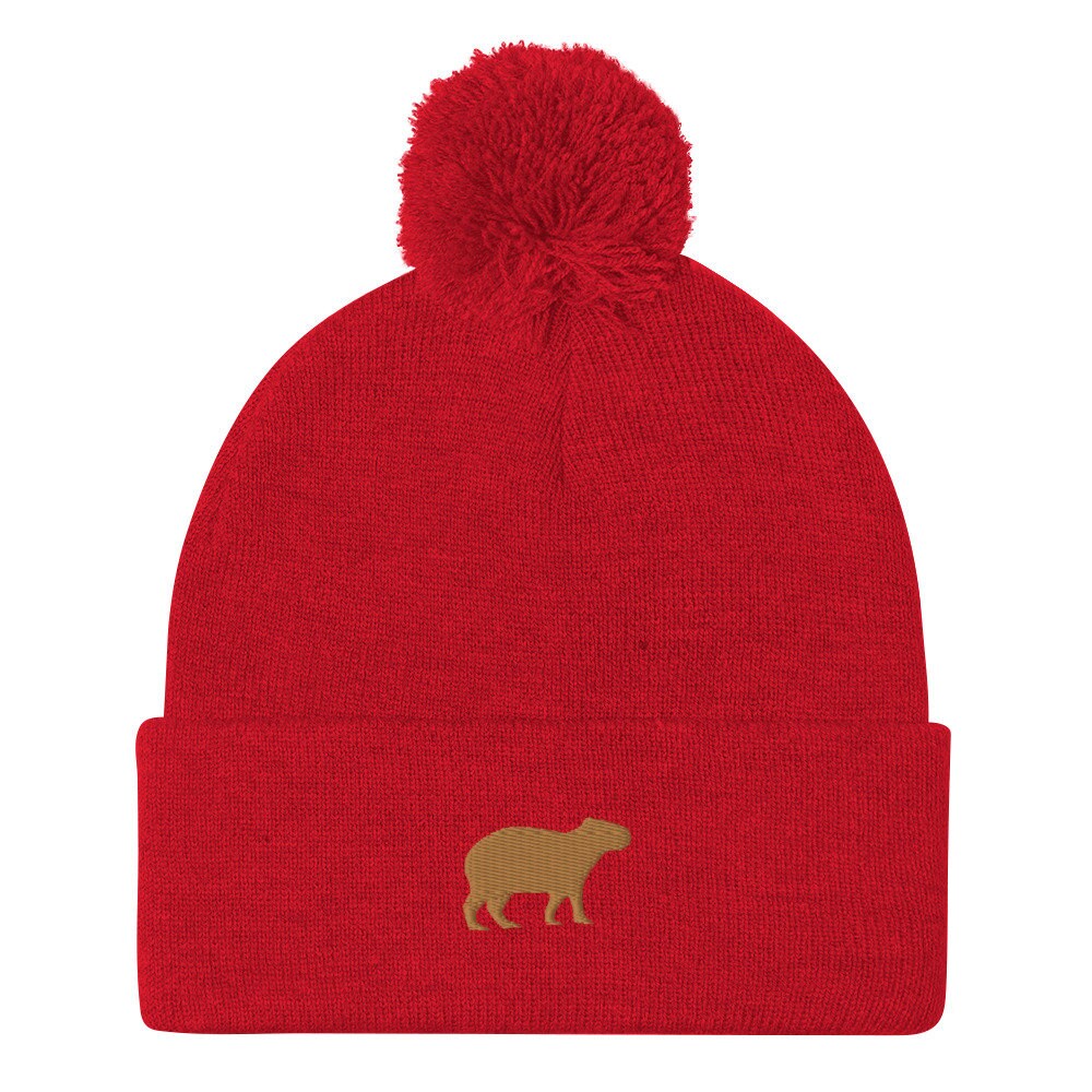 Capybara Beanie - Embroidered Pom-Pom Knit Cap