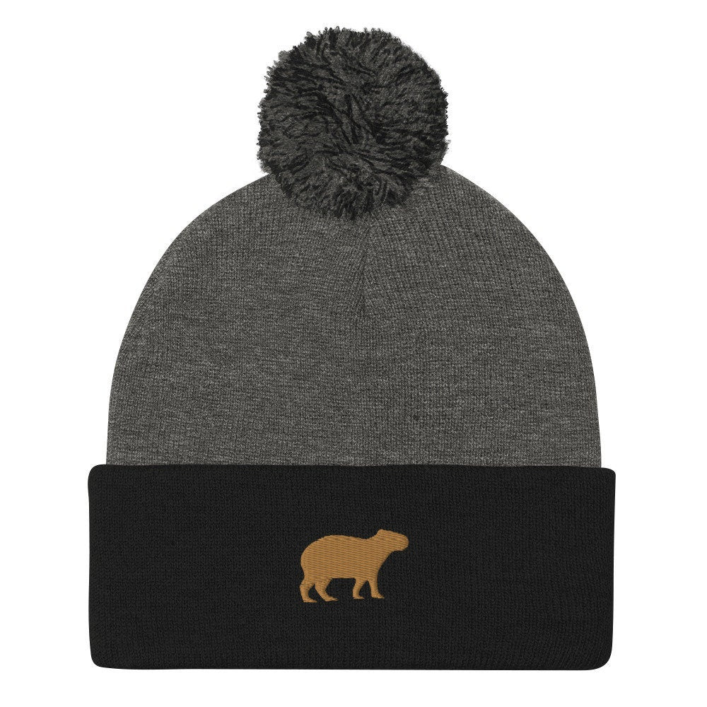 Capybara Beanie - Embroidered Pom-Pom Knit Cap