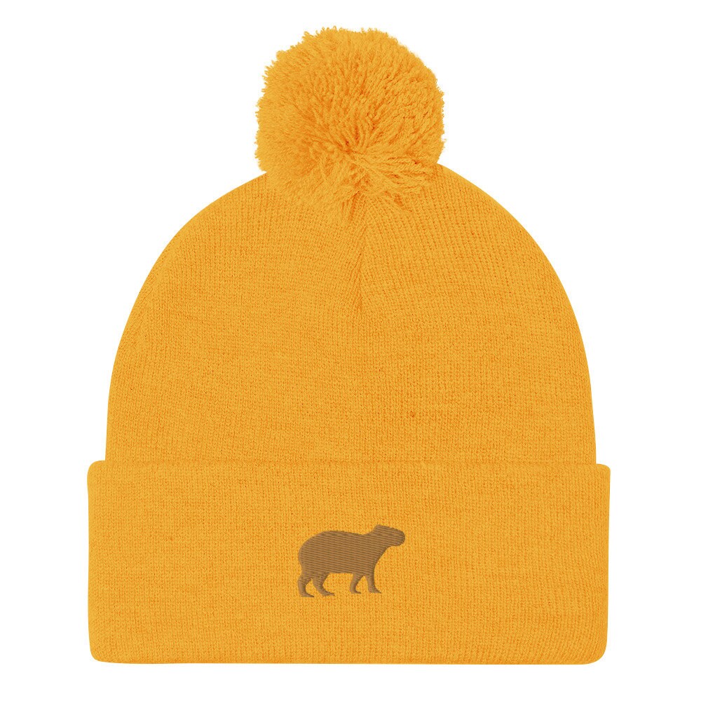 Capybara Beanie - Embroidered Pom-Pom Knit Cap