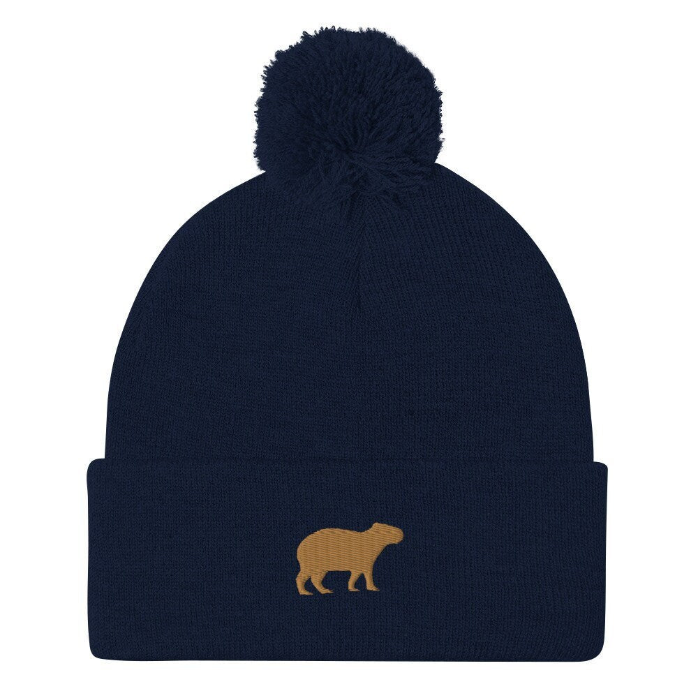 Capybara Beanie - Embroidered Pom-Pom Knit Cap