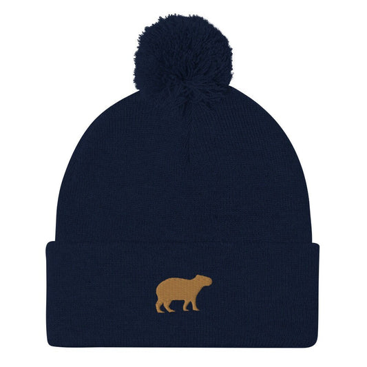 Capybara Beanie - Embroidered Pom-Pom Knit Cap