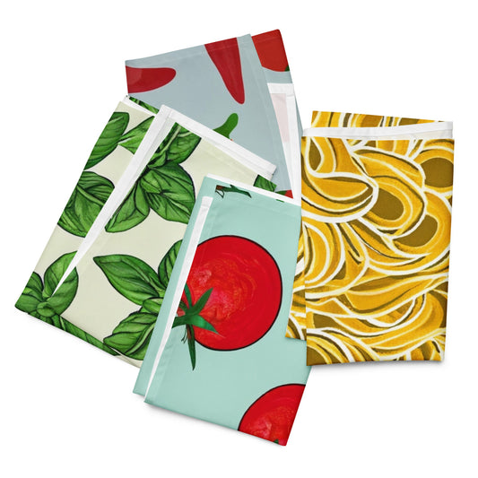 Pasta Dinner Napkins - Cloth Napkin set - Abstract Pasta, Basil, Tomato, and Peperoncino