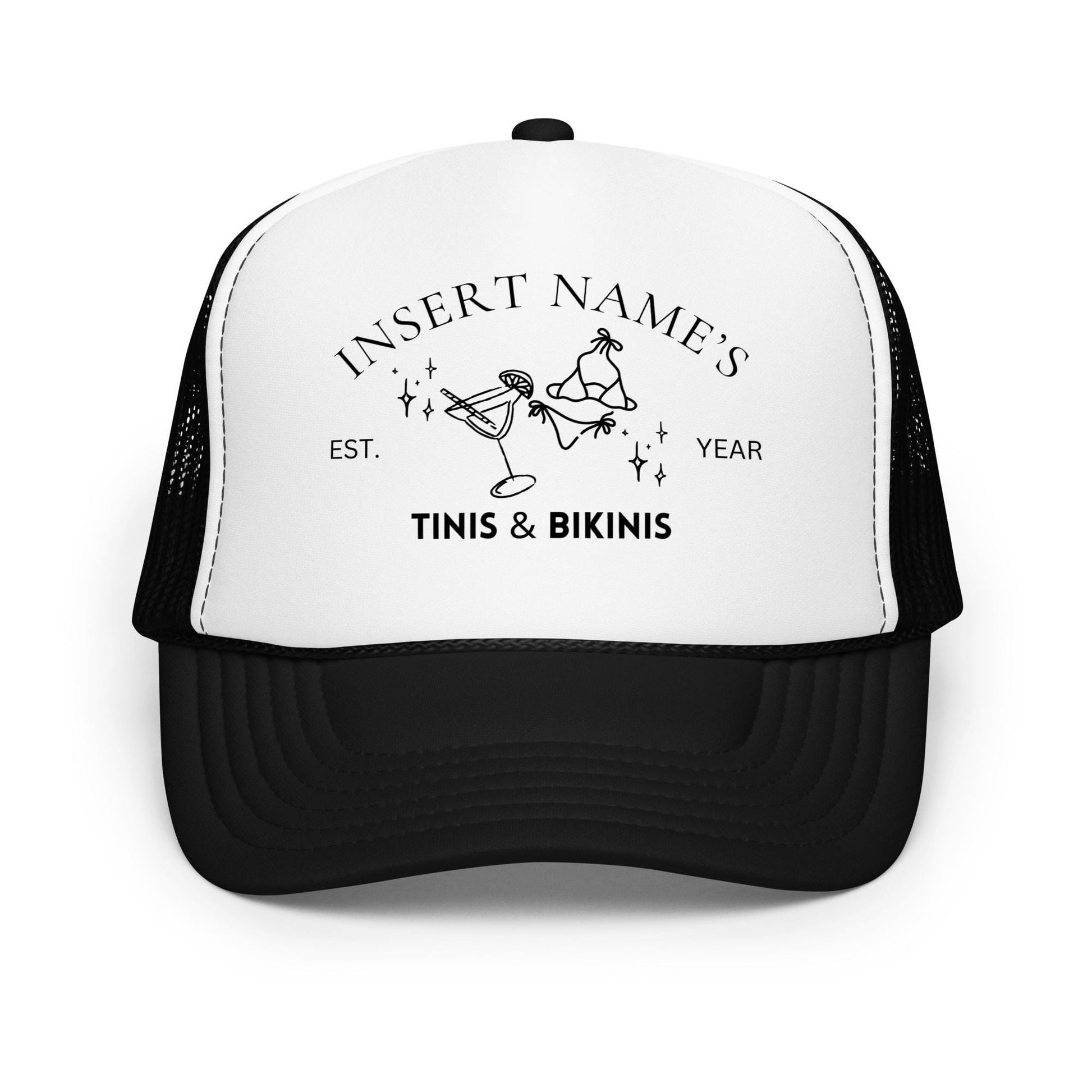 Tinis and Bikinis Trucker Hat – Custom Bachelorette Foam Hat with Bride’s Name, Pool Party Icons & EST Year