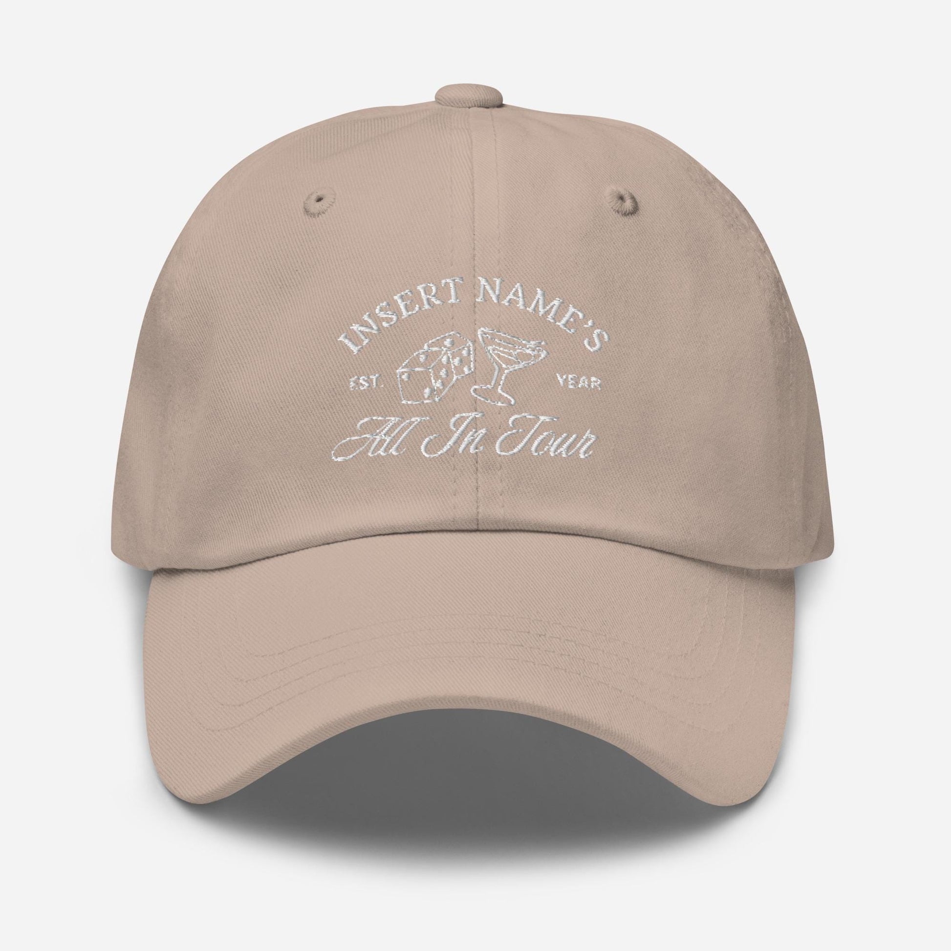 Custom All In Tour Hat - Personalized Vegas Bachelorette Hat - Embroidered Bride Trip Cap with Name and Year