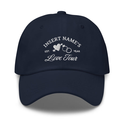 Love Tour Hat - Custom Bride Hat with Heart and Rings Embroidery - Personalized Bachelorette Trip Cap with Name and Year