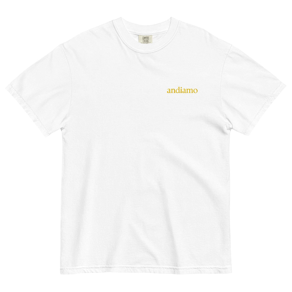 Andiamo T-Shirt - Embroidered Italian Phrase Shirt - Minimalist Pasta Lover Gift - Cotton Tee - Multiple Colors