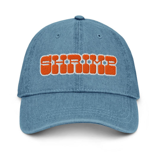 Shrimp Denim Hat – Groovy Bubble Letter Embroidered Cap in Light, Dark, or Black Denim