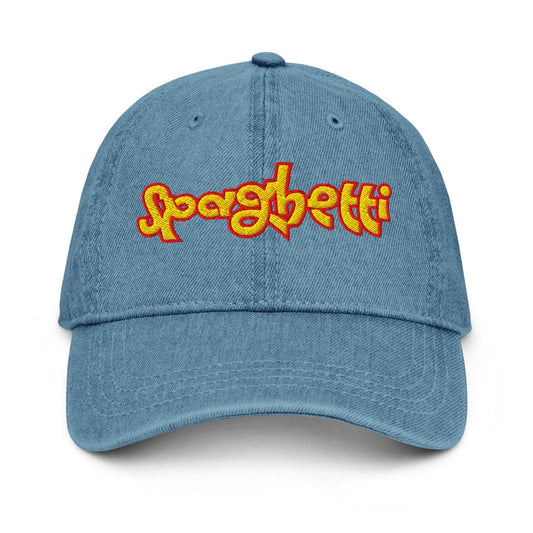 Spaghetti Denim Hat – Groovy Embroidered Bubble Font Otto Cap in Light, Blue, or Black Denim