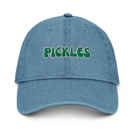 Pickles Denim Hat – Groovy Bubble Font Embroidered Otto Cap in Light, Blue, or Black Denim