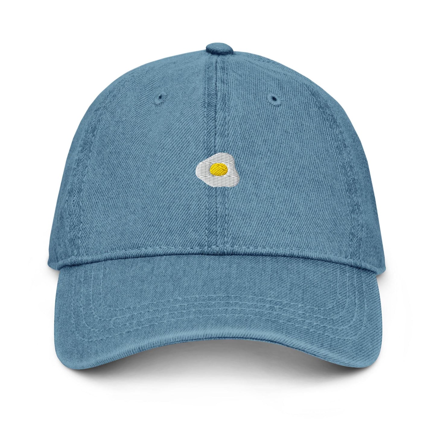 Fried Egg Denim Hat – Groovy Retro Embroidered Otto Cap in Light, Blue, or Black Denim