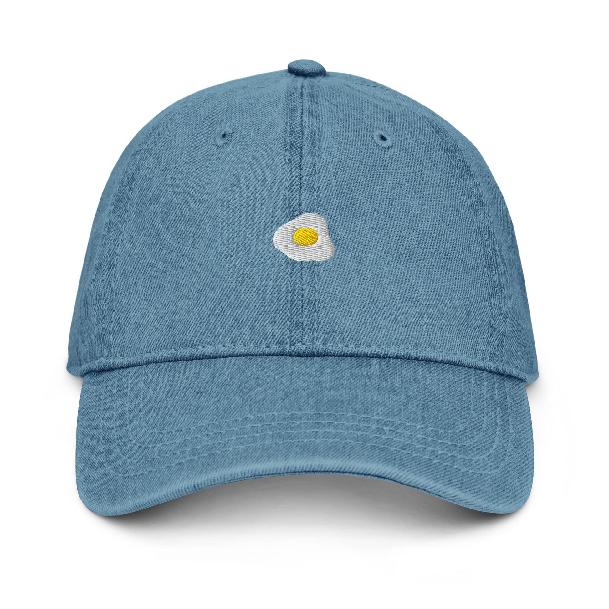 Fried Egg Denim Hat – Groovy Retro Embroidered Otto Cap in Light, Blue, or Black Denim