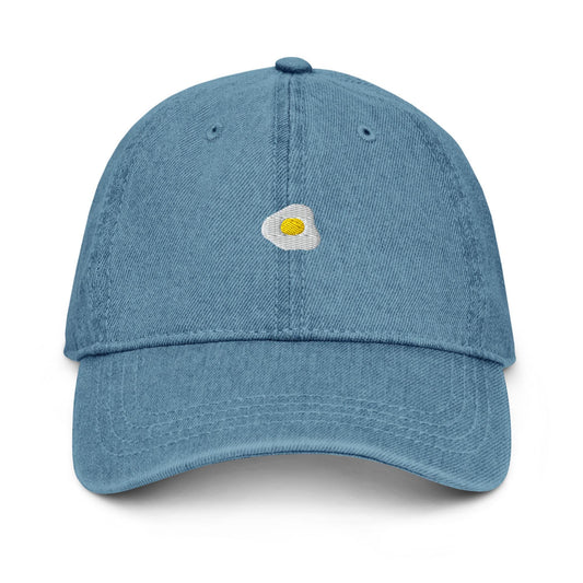 Fried Egg Denim Hat – Groovy Retro Embroidered Otto Cap in Light, Blue, or Black Denim