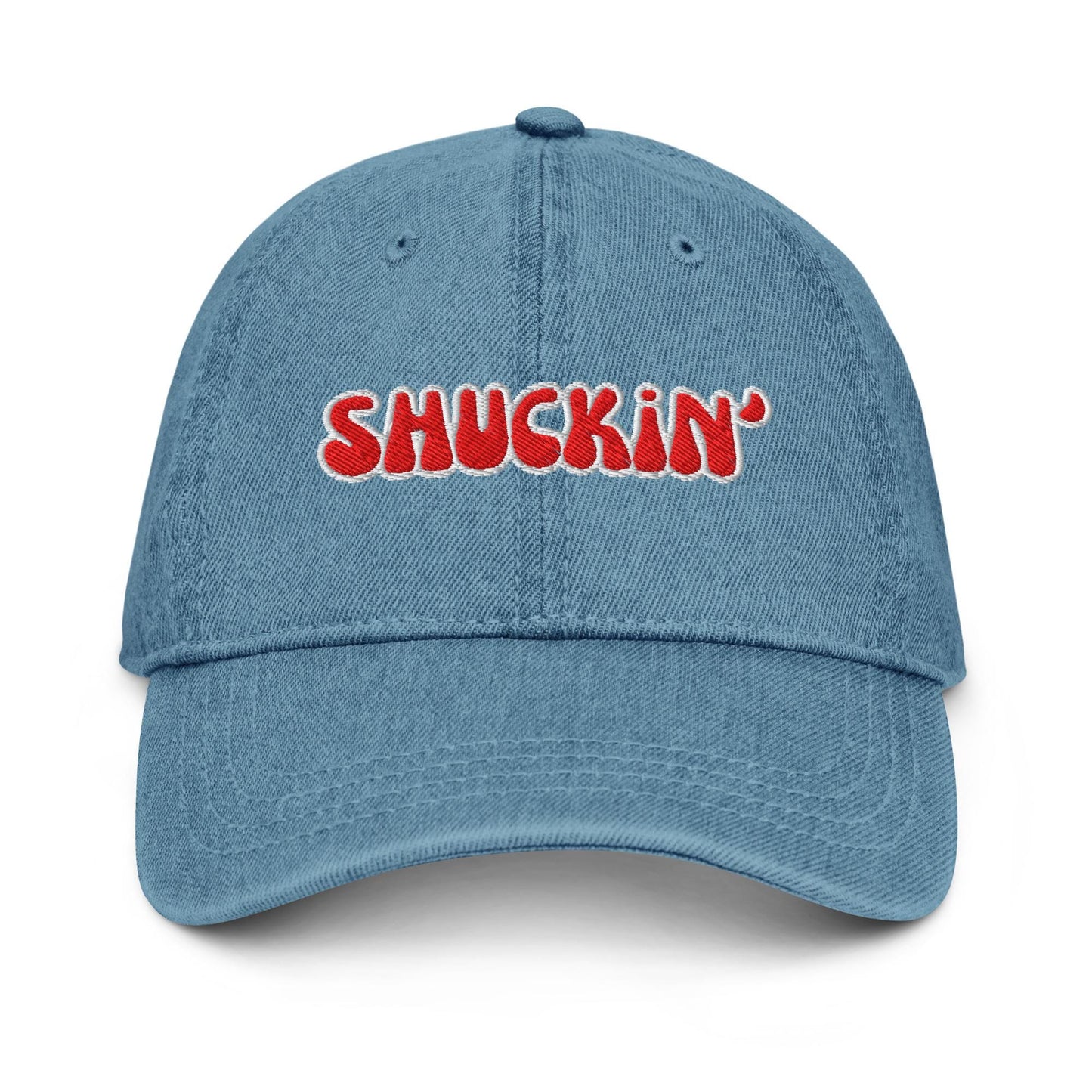 Shuckin’ Denim Hat – Embroidered Bubble Font Otto Cap in Light, Blue, or Black Denim