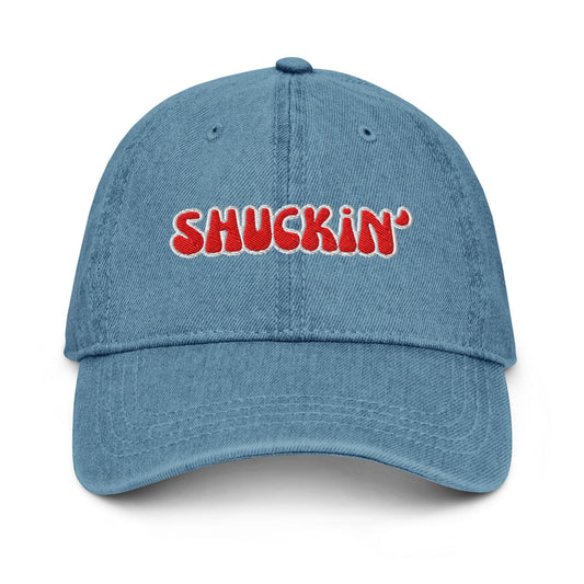 Shuckin’ Denim Hat – Embroidered Bubble Font Otto Cap in Light, Blue, or Black Denim