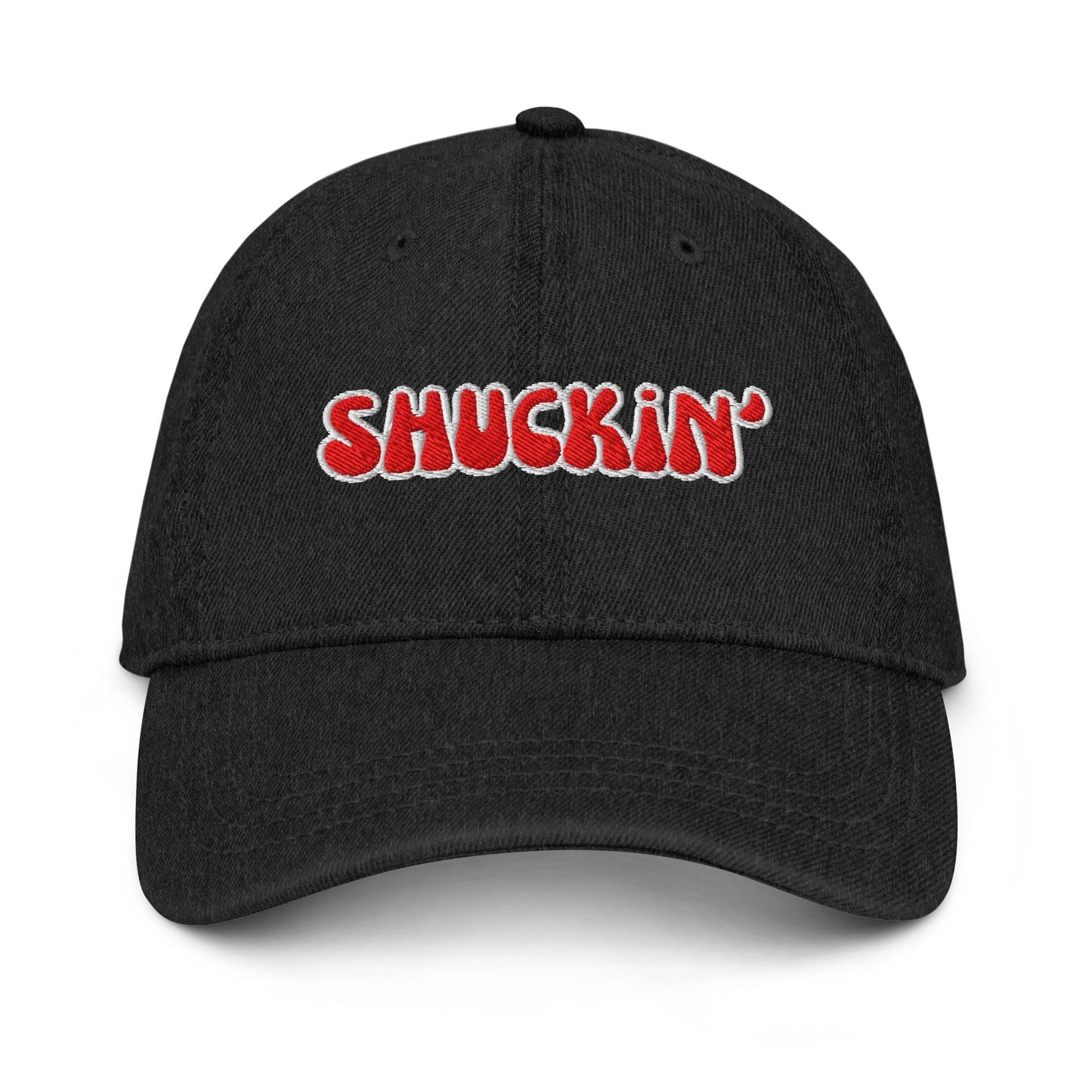 Shuckin’ Denim Hat – Embroidered Bubble Font Otto Cap in Light, Blue, or Black Denim