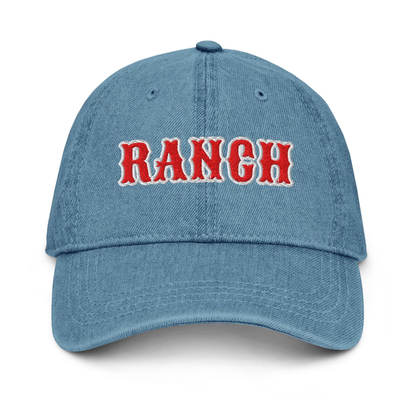 Ranch Denim Hat – Groovy Bubble Font Embroidered Otto Cap in Light, Blue, or Black Denim