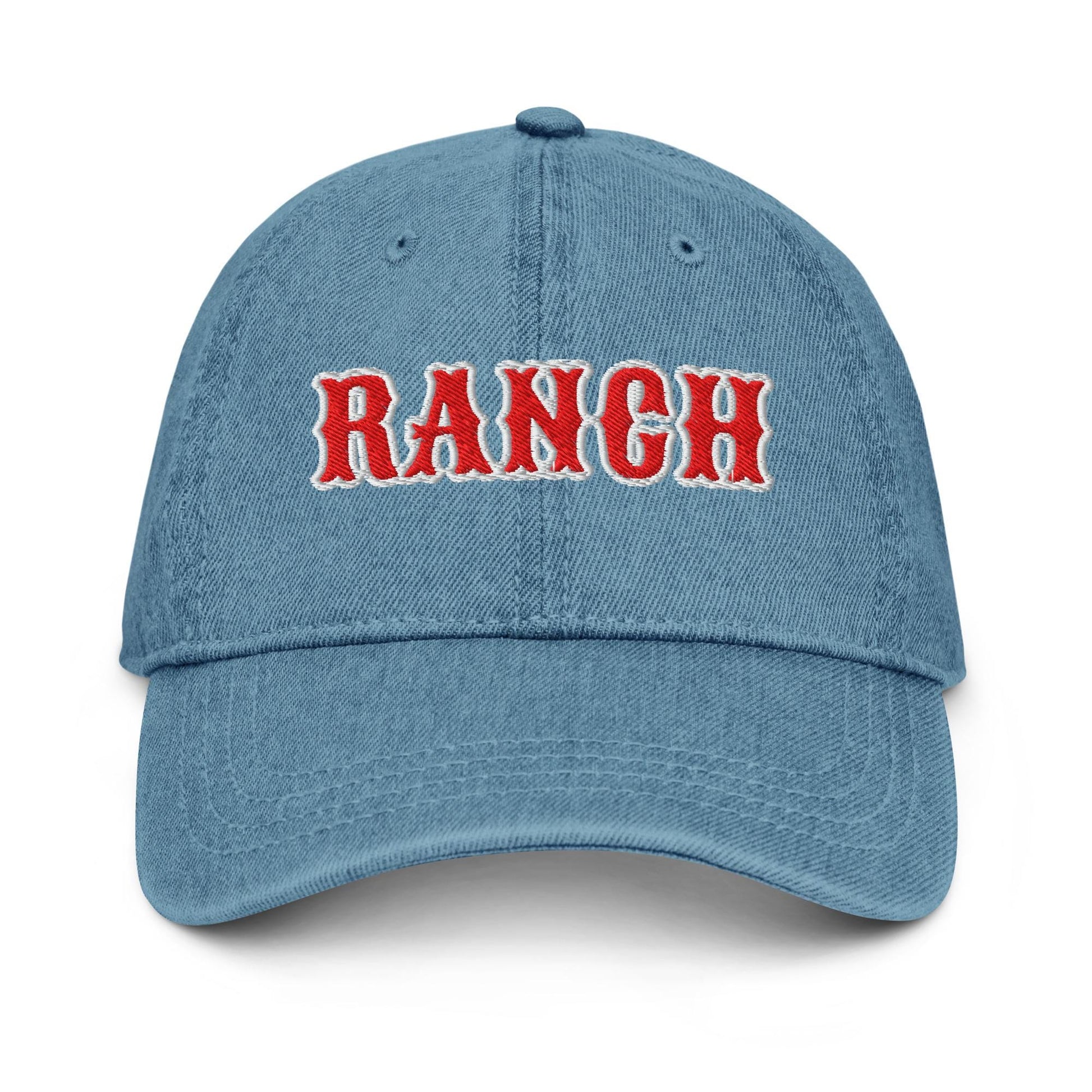 Ranch Denim Hat – Groovy Bubble Font Embroidered Otto Cap in Light, Blue, or Black Denim