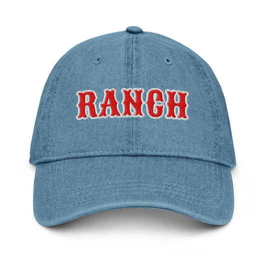 Ranch Denim Hat – Groovy Bubble Font Embroidered Otto Cap in Light, Blue, or Black Denim