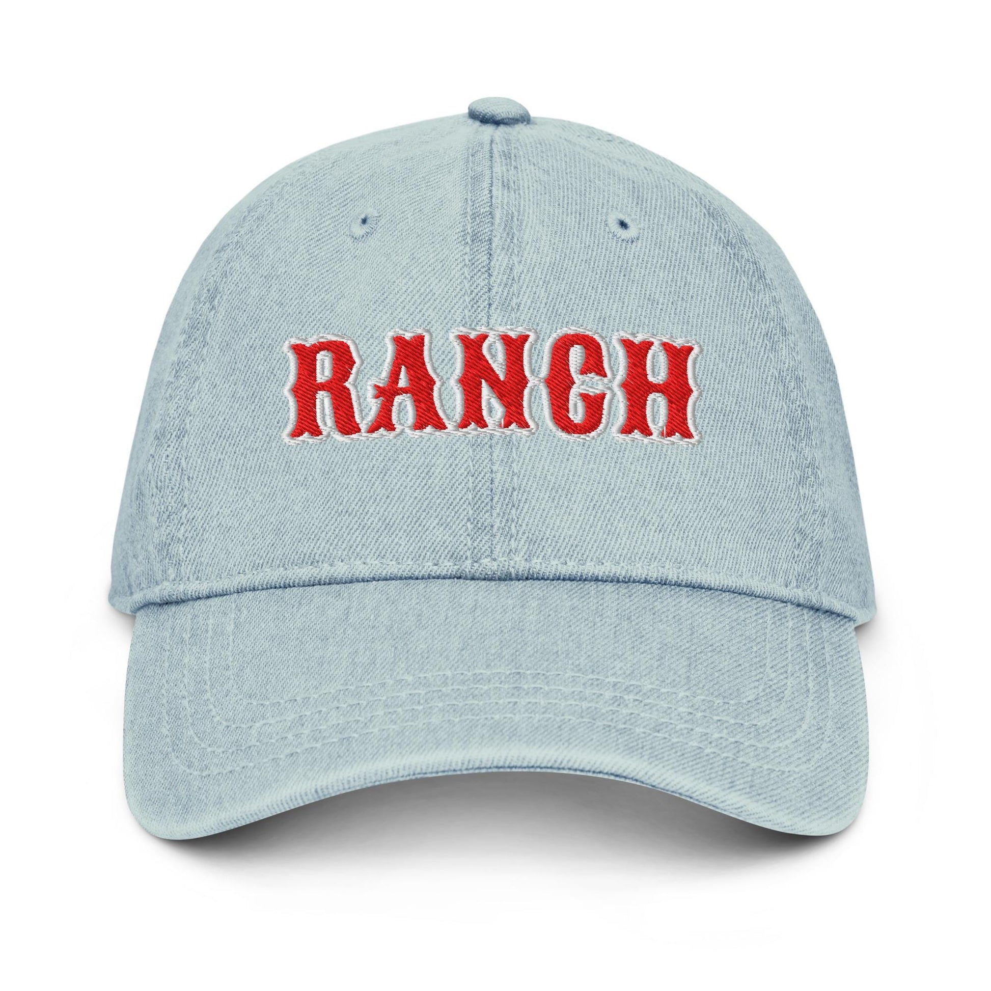 Ranch Denim Hat – Groovy Bubble Font Embroidered Otto Cap in Light, Blue, or Black Denim