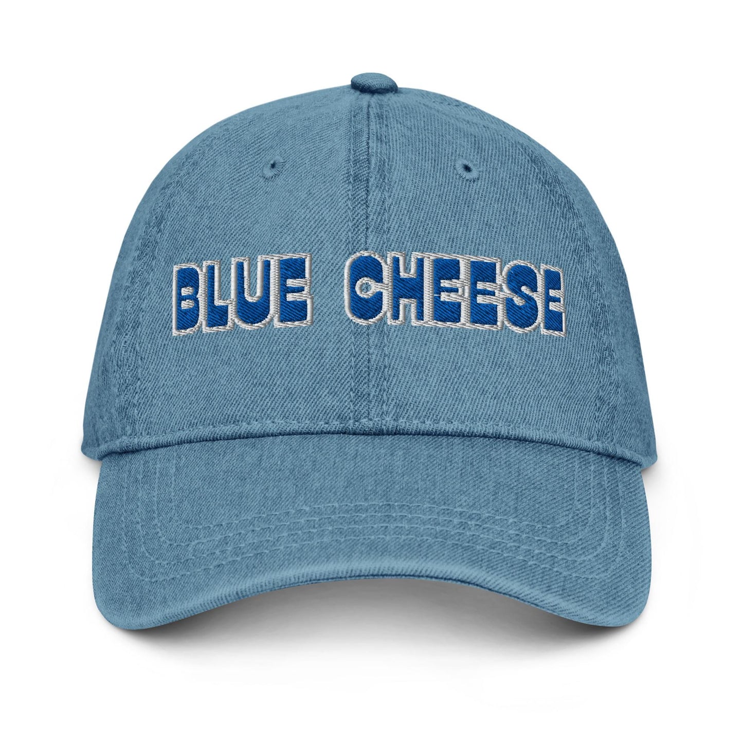Blue Cheese Denim Hat – Groovy Bubble Font Embroidered Otto Cap in Light, Blue, or Black Denim