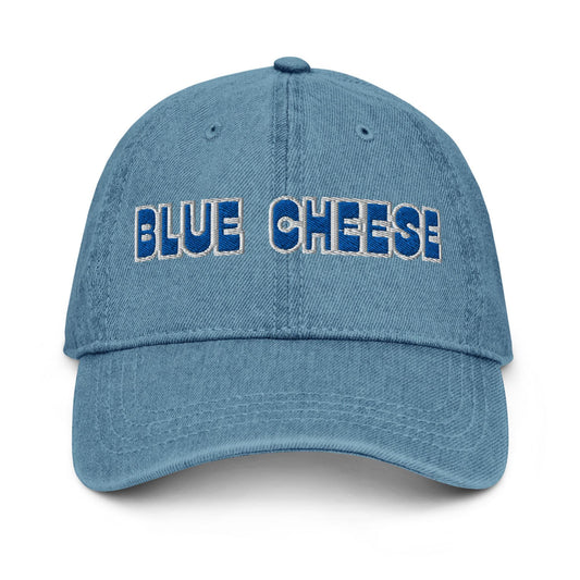 Blue Cheese Denim Hat – Groovy Bubble Font Embroidered Otto Cap in Light, Blue, or Black Denim