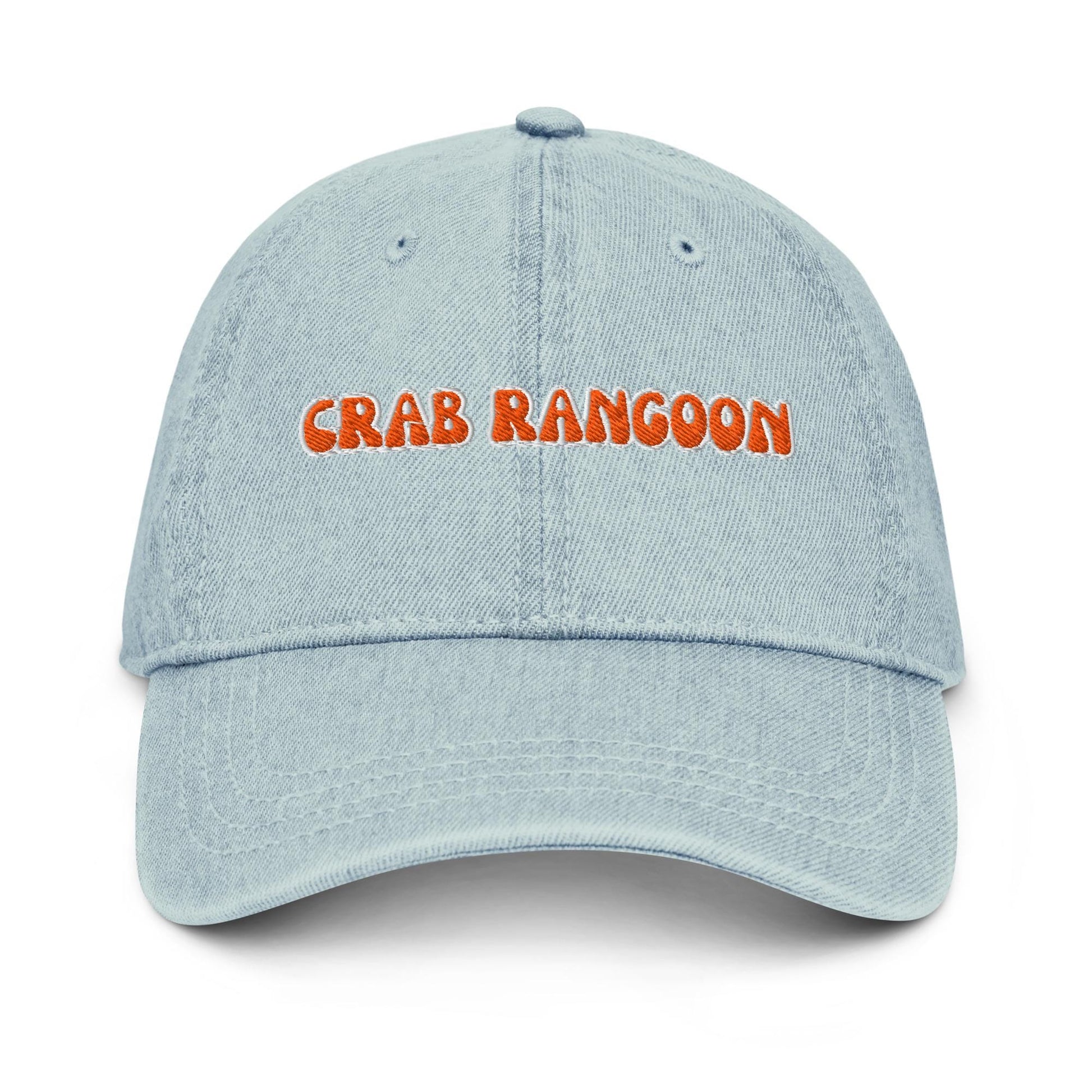 Crab Rangoon Denim Hat – Groovy Bubble Font Embroidered Otto Cap in Light, Blue, or Black Denim