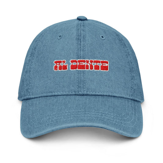Al Dente Denim Hat – Bold Retro Bubble Font Embroidered Cap in Light, Blue, or Black Denim