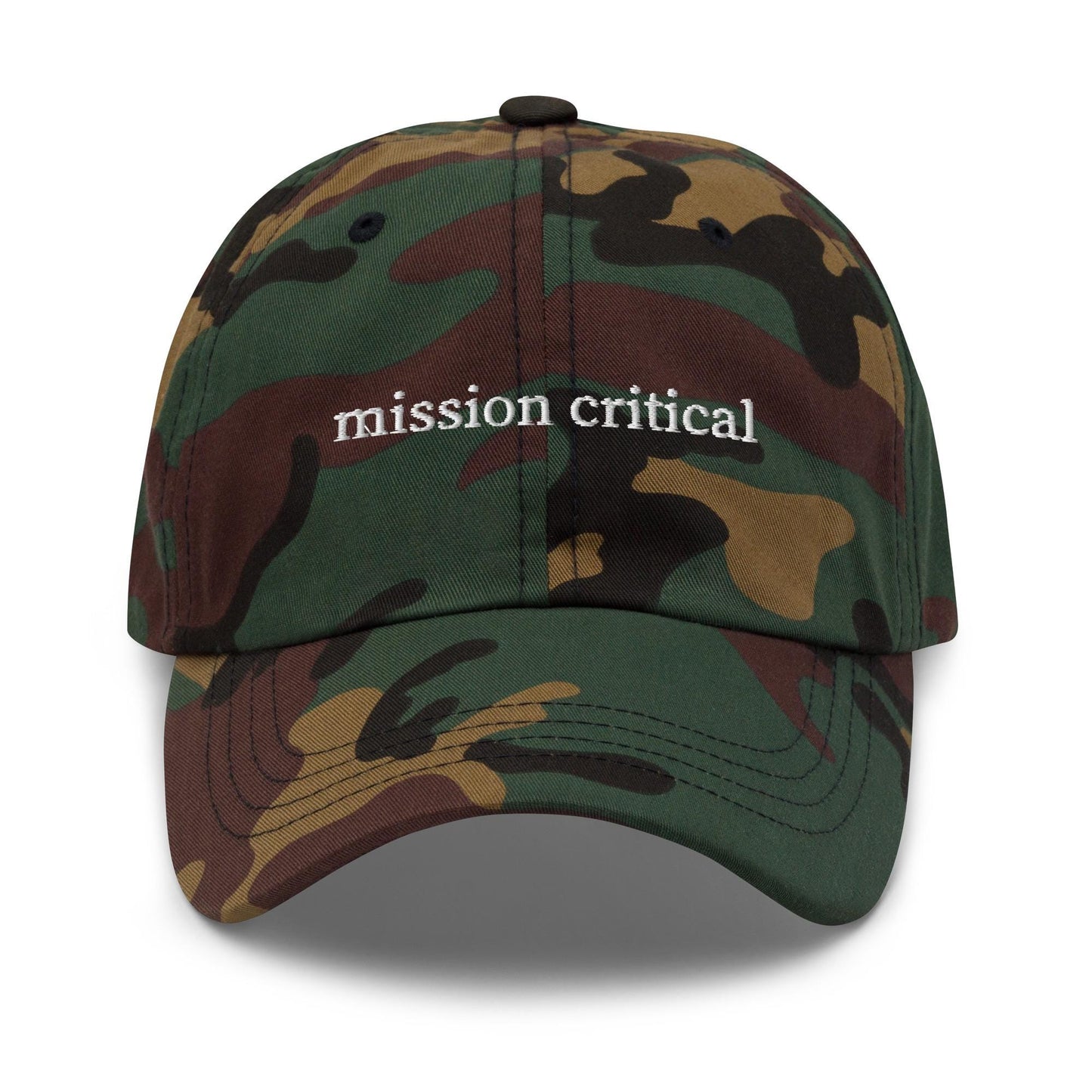 Mission Critical Dad Hat – Embroidered Corporate Phrase in Retro Serif Font